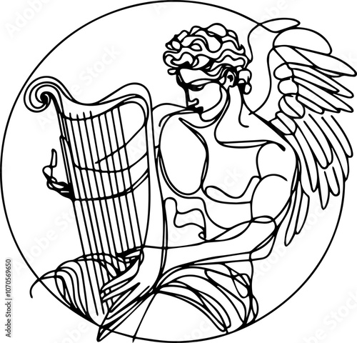 
line drawing of Apollo holding a harp, made with one continuous black line and isolated on a white background