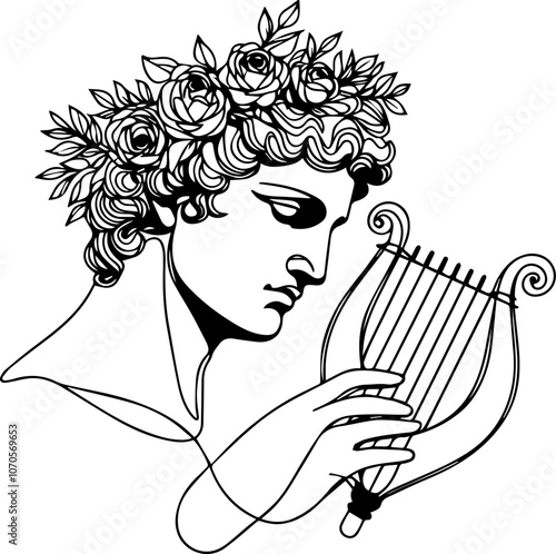 
line drawing of Apollo holding a harp, made with one continuous black line and isolated on a white background