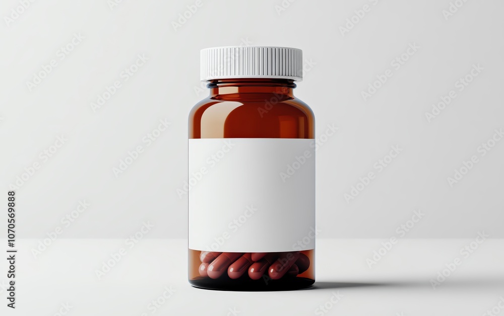 Amber bottle with white label filled with pills on a light background. Amber bottle with white label filled with pills on a light background.