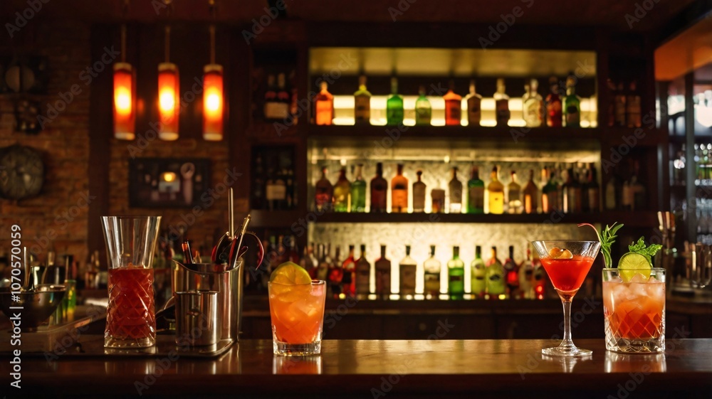 Cozy Upscale Bar, with warm lights, polished wood, vibrant cocktails, classic V11 Cozy Upscale Bar, with warm lights, polished wood, vibrant cocktails, classic V11
