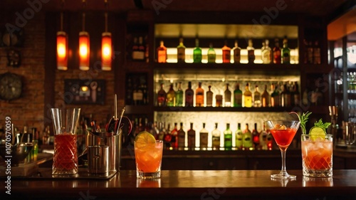 Cozy Upscale Bar, with warm lights, polished wood, vibrant cocktails, classic V11