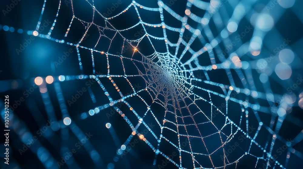 Thin metallic threads intertwining to form a web with holographic effects set against a dimly lit futuristic background Thin metallic threads intertwining to form a web with holographic effects set against a dimly lit futuristic background
