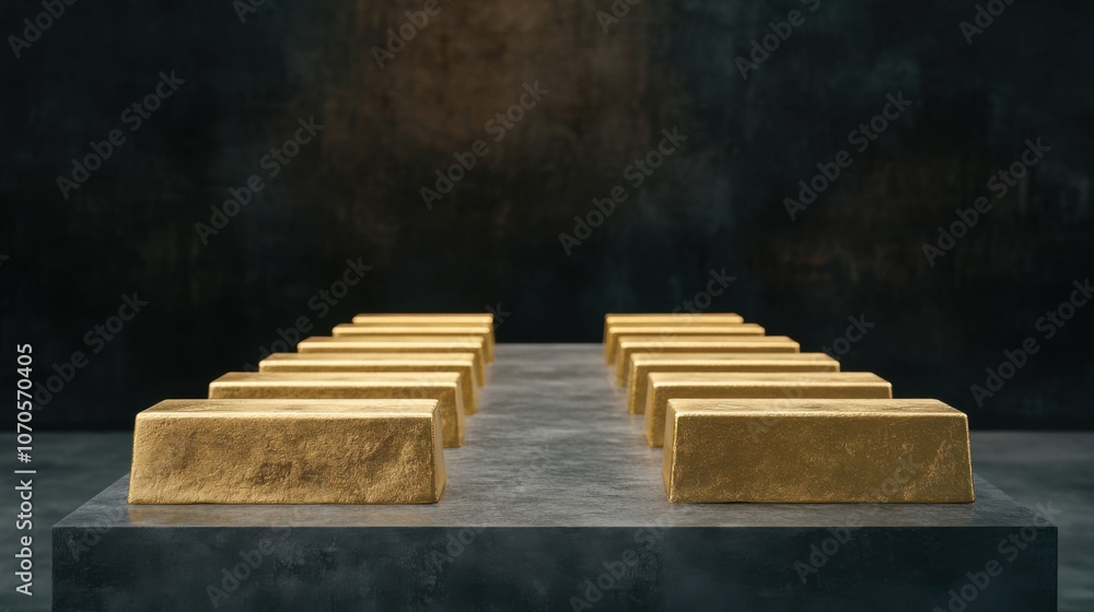 A striking display of gold bars arranged neatly on a stone table against a dark background, symbolizing wealth and luxury. A striking display of gold bars arranged neatly on a stone table against a dark background, symbolizing wealth and luxury.