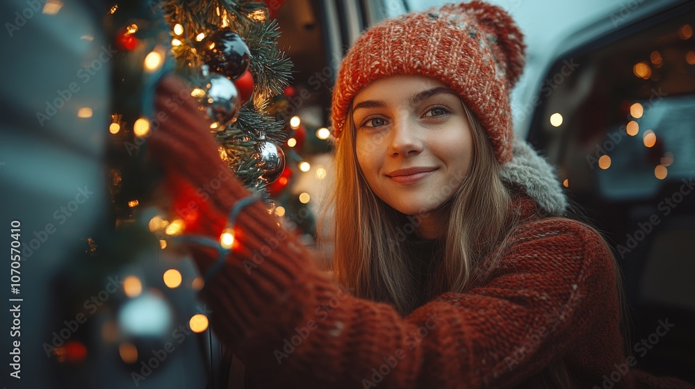 A young woman approaches a beautifully decorated Christmas tree adorned with lights and ornaments, radiating the joy of the holiday season. Her warm smile reflects the festive atmosphere. A young woman approaches a beautifully decorated Christmas tree adorned with lights and ornaments, radiating the joy of the holiday season. Her warm smile reflects the festive atmosphere.