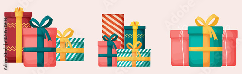 Party boxes with lids wrapped in paper and tied with ribbon and bow. Party favor mountain design. Piles of gifts for coke. Gift box design