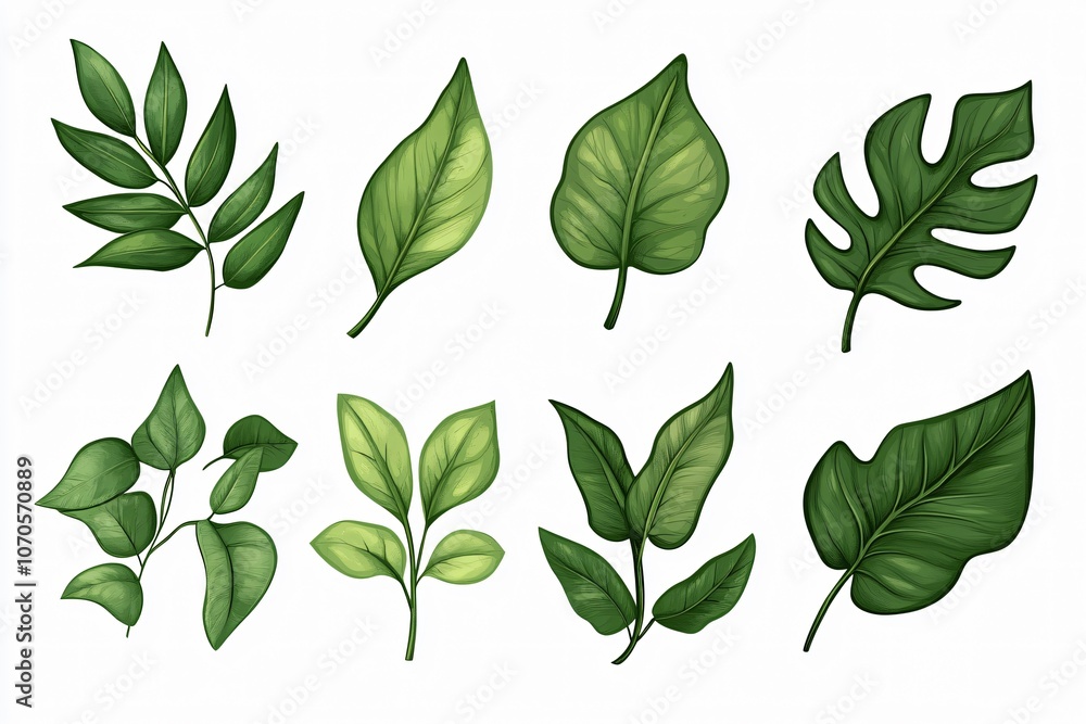 Collection of Green Leaves in Smooth, Modern Design on Transparent Background for Eco-Friendly Logos or Stickers Collection of Green Leaves in Smooth, Modern Design on Transparent Background for Eco-Friendly Logos or Stickers
