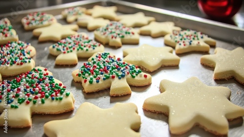 Bake delicious christmas cookies in festive shapes like stars and trees to celebrate the holiday season