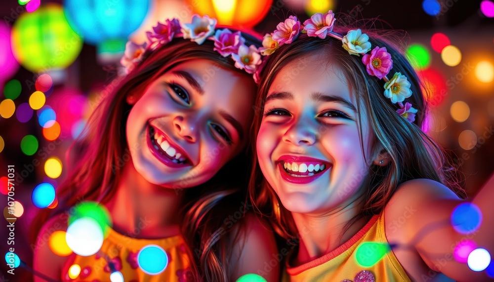 Joyful sisters celebrate with colorful lights and smiles Joyful sisters celebrate with colorful lights and smiles