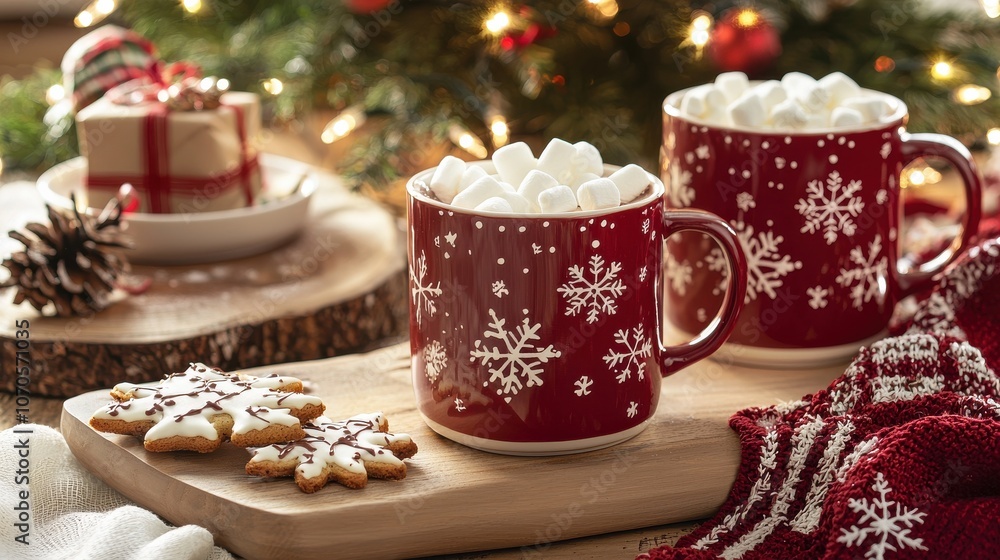 Enjoy a cozy holiday scene with warm mugs of hot chocolate and festive treats Enjoy a cozy holiday scene with warm mugs of hot chocolate and festive treats