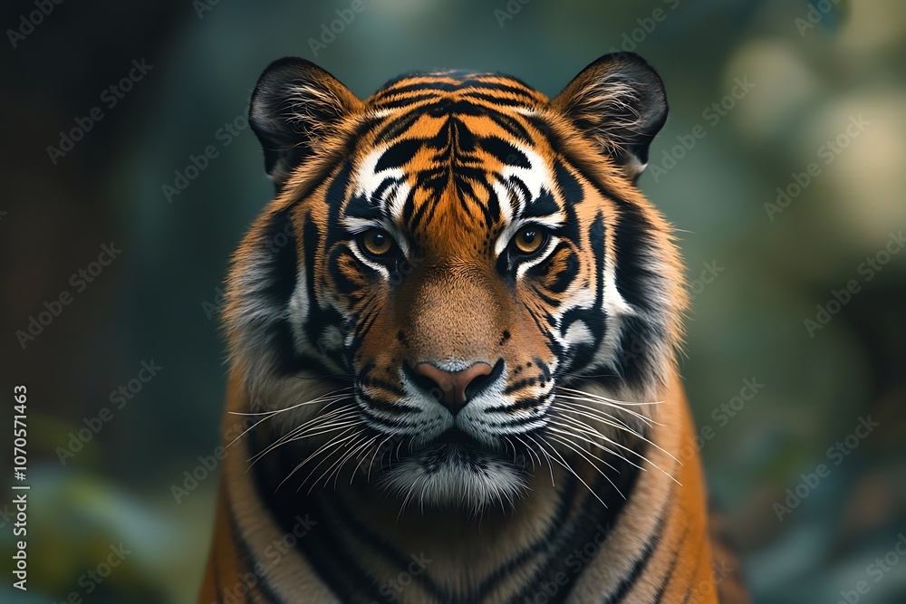 Close-up Tiger Portrait with Sharp Whiskers and Attentive Eyes. Close-up Tiger Portrait with Sharp Whiskers and Attentive Eyes.