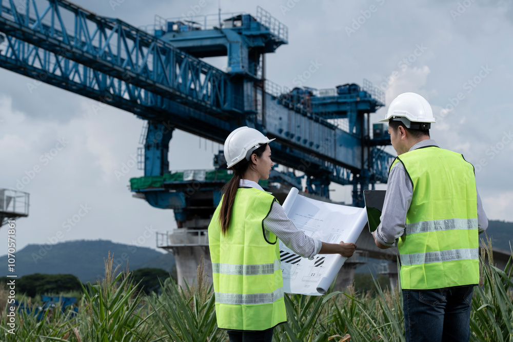 worker on the site. worker discuss work on railway Construction with gantry crane on background. worker on the site. worker discuss work on railway Construction with gantry crane on background.