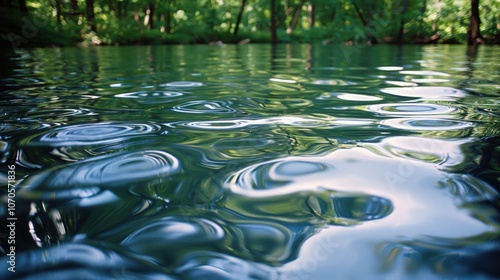 Fototapeta Naklejka Na Ścianę i Meble -  Surface of a serene forest lake reflecting lush green foliage and clear blue sky creating mesmerizing patterns and ripples on the water's surface