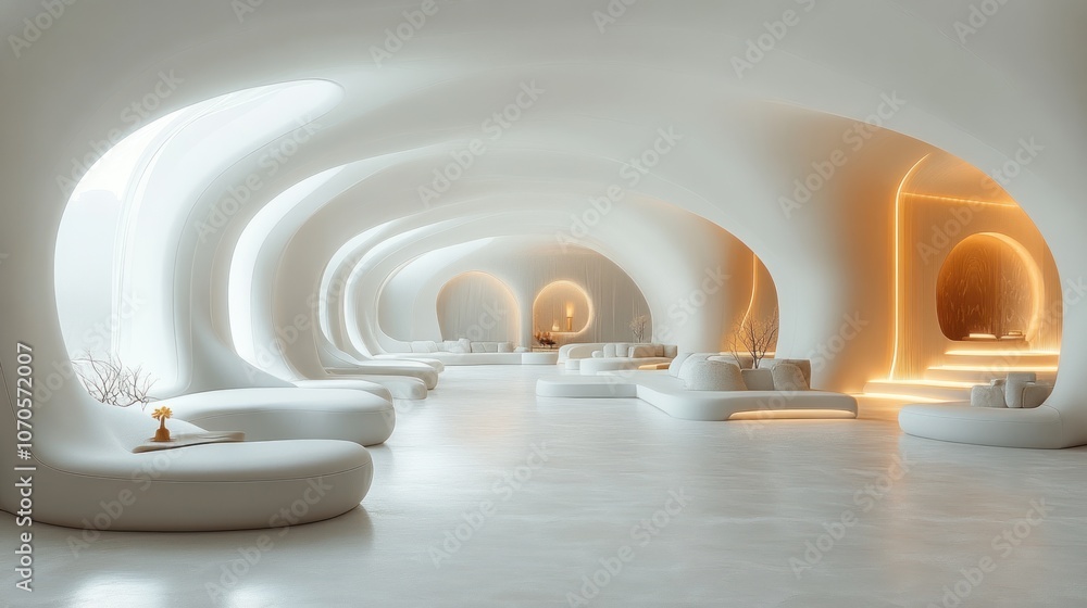 Obraz premium A futuristic, minimalist lounge with soft curves and ambient lighting.