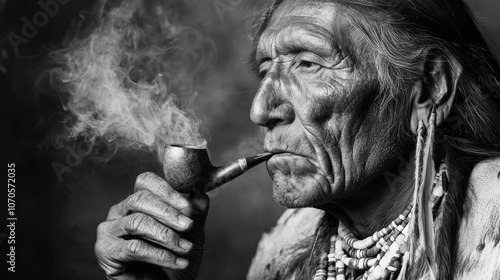 A North American Indian sits and smokes a pipe of peace