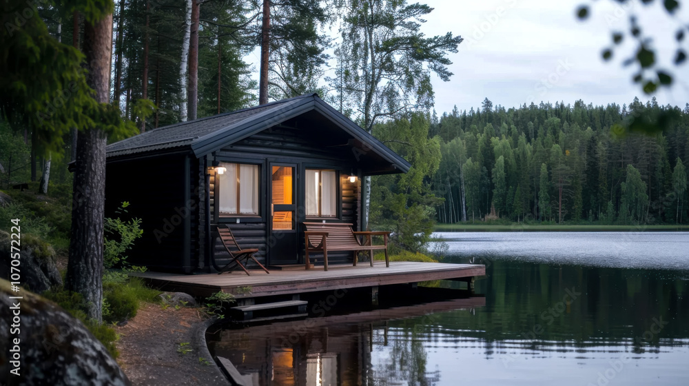 A concept of a modern sauna on the shore of a lake, a combination of traditions and modern design with nature, an idea of relaxation and recuperation A concept of a modern sauna on the shore of a lake, a combination of traditions and modern design with nature, an idea of relaxation and recuperation