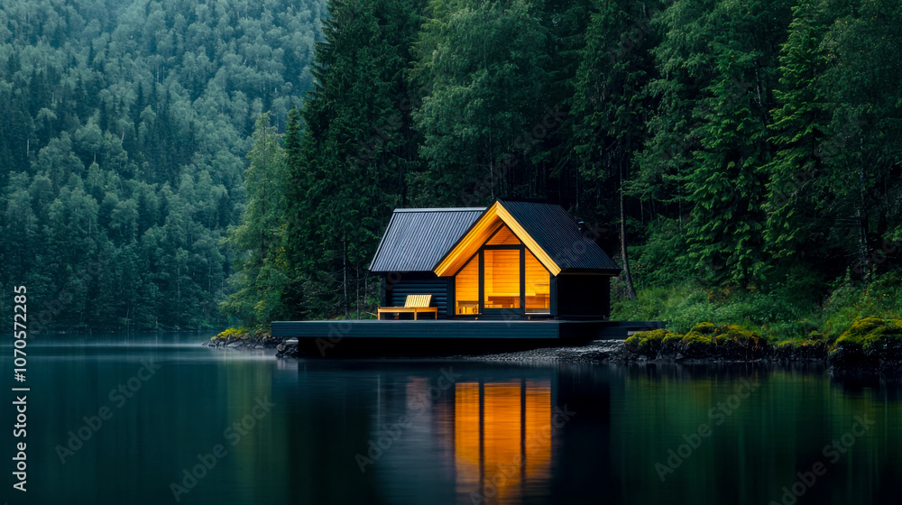 Obraz premium A lakeside sauna in an old spruce forest, surrounded by towering centuries-old trees, outdoor relaxation and popular Scandinavian spa traditions