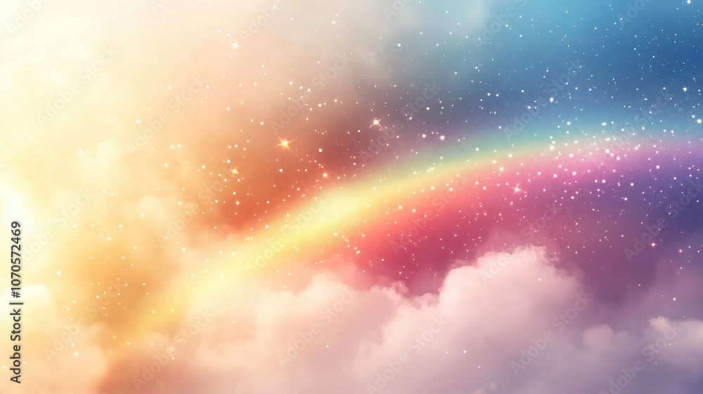 Obraz premium Magical sparkling sky with rainbow,stars and soft clouds.Watercolor colorful background for pride month events,for backgrounds,wallpapers and social media posts