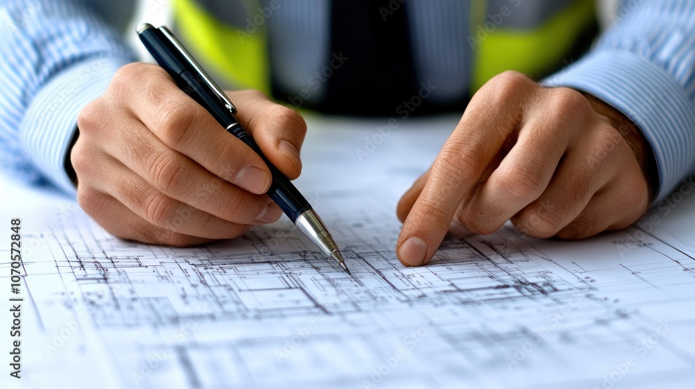 Close-up of a man's hands pointing at a blueprint with a pen.