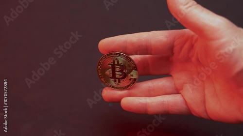 Man's hand with a gold bitcoin