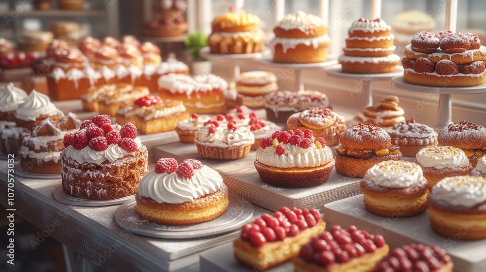 A delightful display of assorted cakes and pastries in a bakery. A delightful display of assorted cakes and pastries in a bakery.