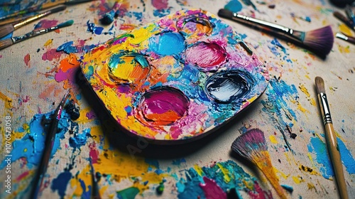 A close-up of a paint palette filled with bright, mixed colors, surrounded by scattered brushes and ink splatters on a canvas backdrop. photo