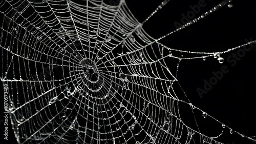 Wallpaper Mural Spider Web with Dew Drops, Capturing Nature’s Delicate Design and Mysterious Beauty on Black Background Torontodigital.ca