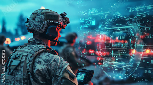 A digital panel with numerous data highlights the face of a soldier who is working with an interactive system. The situation is tense, every moment counts.
