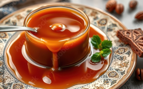 A small glass bowl filled with caramel sauce sits on a decorative plate photo