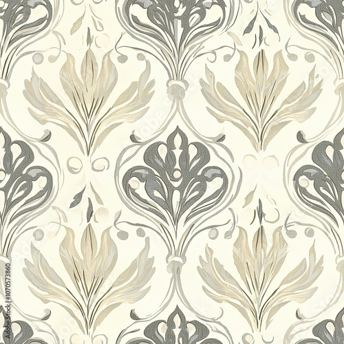 Abstract Floral Damask Pattern with Beige and Gray Tones