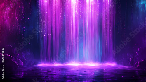 Mystical stage with purple neon lights and water-like light curtains, creating an enchanted and futuristic atmosphere. Enchanted. Illustration photo