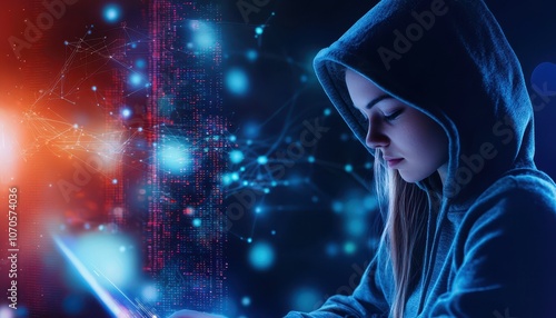 Young woman engaged in technology-driven activities under a hooded sweatshirt in a digital environment