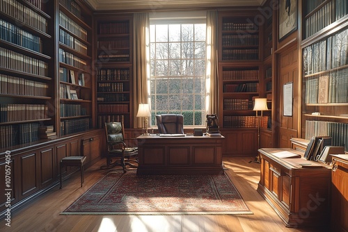 A serene judge's chamber featuring neatly arranged law books on shelves, a prominently displayed gavel on the desk, and soft sunlight filtering through large windows, creating an atmosphere of contemp photo