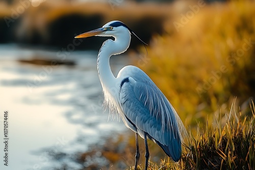 Elegant Heron Standing in Golden Grass by a Stream photo