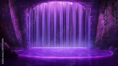 Mystical stage with purple neon lights and water-like light curtains, creating an enchanted and futuristic atmosphere. Enchanted. Illustration