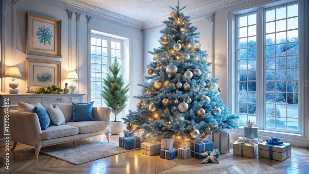 Decorated christmas tree near fireplace at home, xmas in the living room with presents, idyllic winter silver, blue and white luxory interior with gifts, majestic celebration New Year Decorated christmas tree near fireplace at home, xmas in the living room with presents, idyllic winter silver, blue and white luxory interior with gifts, majestic celebration New Year