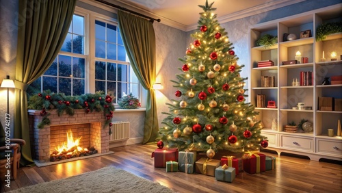 Decorated christmas tree near fireplace at home, xmas in the living room with presents, idyllic winter luxory interior with gifts, majestic celebration New Year