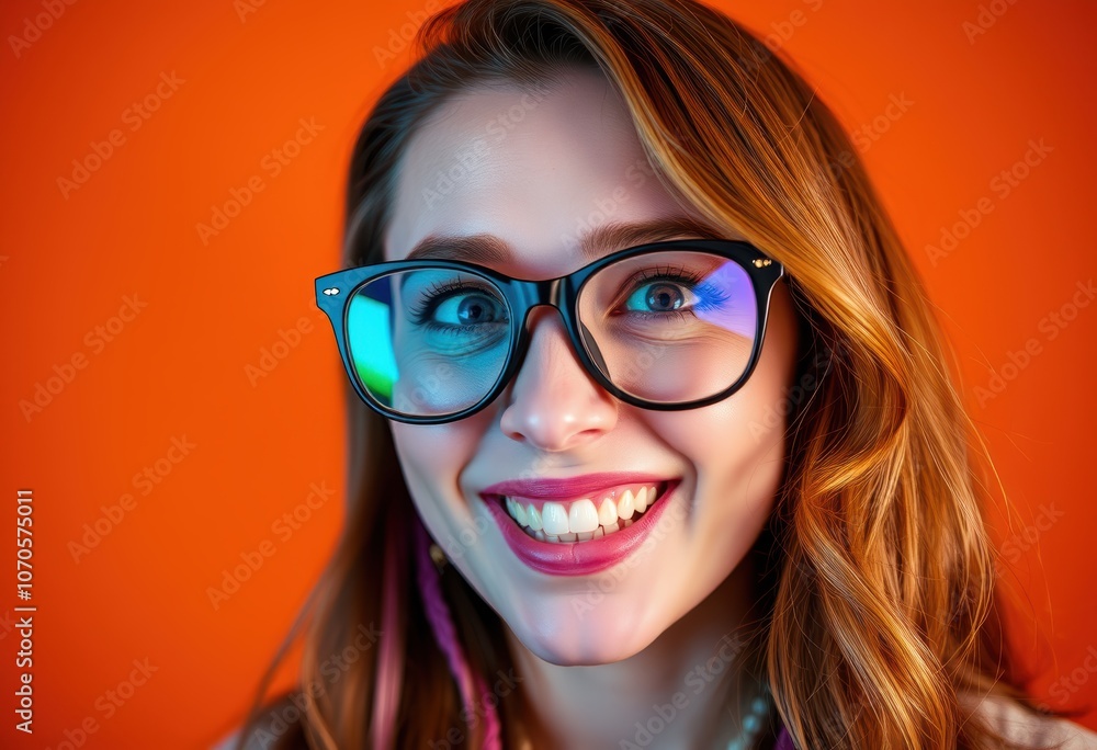 Fototapeta premium Smiling Woman with Colorful Glasses Radiates Joy Against Vibrant Background