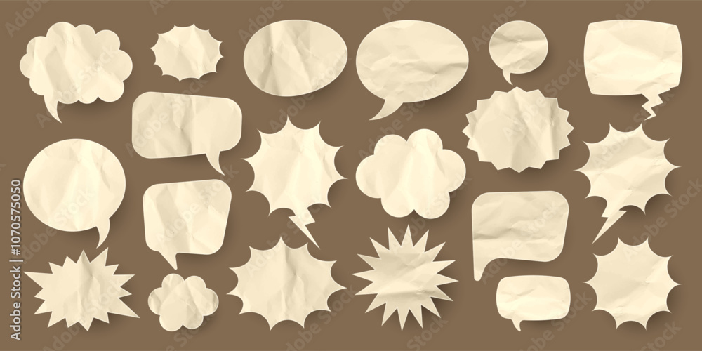 Crumpled brown paper comic speech bubbles. Hand drawn retro cartoon stickers. Pop art style. Old, vintage dialog boxes with cardboard texture. Vector illustration Crumpled brown paper comic speech bubbles. Hand drawn retro cartoon stickers. Pop art style. Old, vintage dialog boxes with cardboard texture. Vector illustration