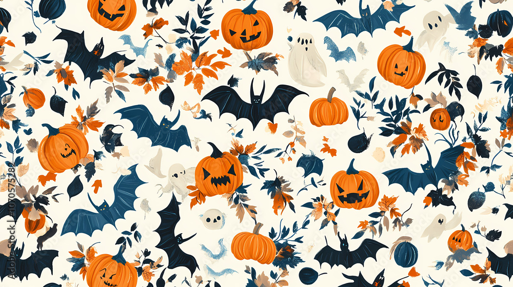 Seamless halloween pattern featuring bats pumpkins and ghosts on a white background. Enchanted. Illustration Seamless halloween pattern featuring bats pumpkins and ghosts on a white background. Enchanted. Illustration