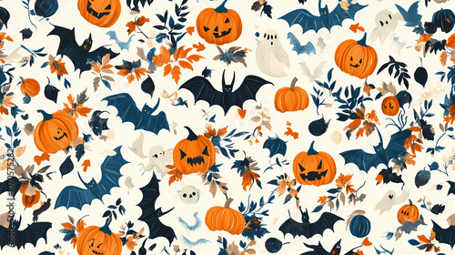 Seamless halloween pattern featuring bats pumpkins and ghosts on a white background. Enchanted. Illustration