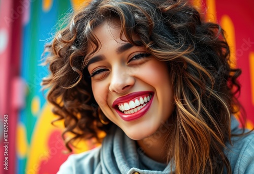 Young Woman Smiles Brightly Against Colorful Background