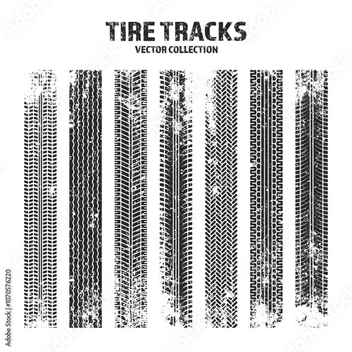 Grunge tire tracks, wheel braking marks. Truck, car or motorcycle tread pattern silhouettes. Auto race, motorsport, speed racing design element. Vector illustration