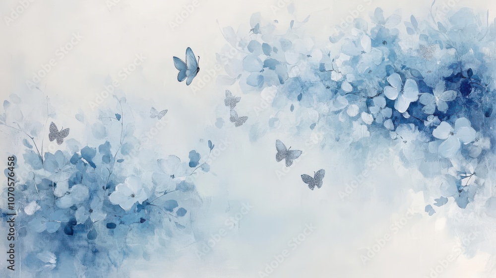 Fototapeta premium A tranquil display of blue butterflies dances among soft, pastel flowers, creating a dreamlike atmosphere filled with gentle beauty and harmony in nature.