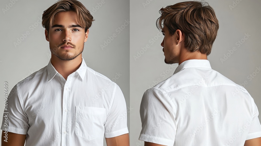 3D White Short-Sleeve Button-Up Shirt with Classic Collar and Front Closure - Ideal for Casual or Semi-Formal Outfits