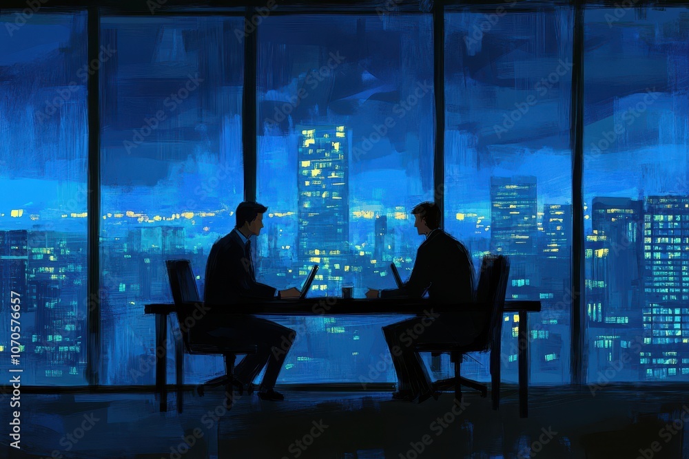 Corporate Meeting in a City Boardroom at Night Corporate Meeting in a City Boardroom at Night