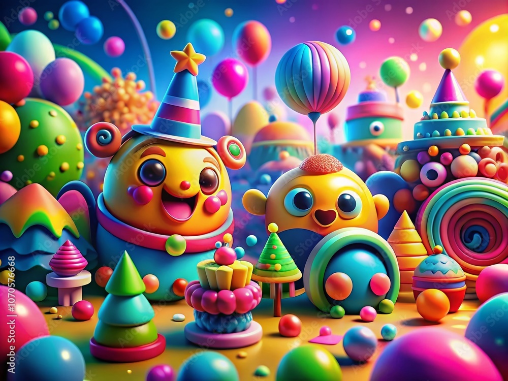 Naklejka premium Colorful 3D Drawing in Cartoon Abstraction with Bokeh Effect for Vibrant Visuals and Artistic Expressions