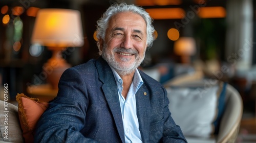 Smiling older man with gray hair, dressed in a smart suit, sitting on a cozy couch in a warmly lit room, exuding an aura of confidence and warmth