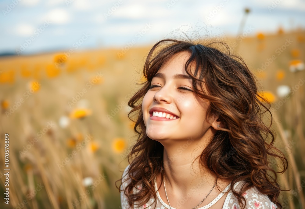 © knewmetawee - Woman Smiling in Flower Field Embraces Nature's Beauty
