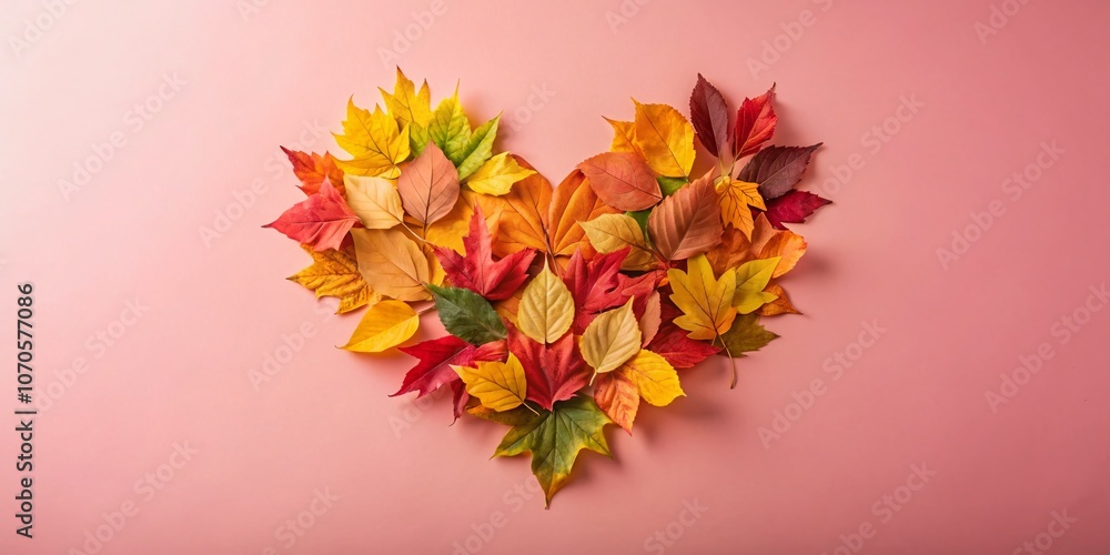 Colorful Autumn Leaves Arranged in a Heart Shape on a Pink Background for Seasonal Themes and Nature Illustrations Colorful Autumn Leaves Arranged in a Heart Shape on a Pink Background for Seasonal Themes and Nature Illustrations