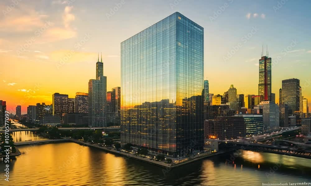 A sleek all-glass building reflecting the city skyline A sleek all-glass building reflecting the city skyline